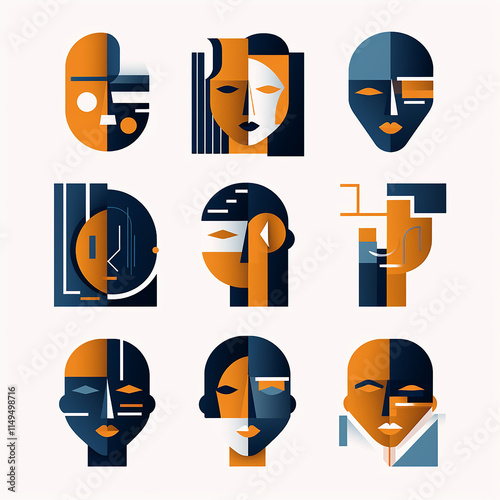 cartoon style icons for people and business, in minimalist geometric abstraction style, detailed facial features, industrial design, data visualization