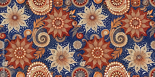 Intricate floral patterns in warm tones on a deep blue background, creating a harmonious and vibrant textile design.