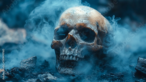 Mysterious skull amidst smoky atmosphere in dark environment