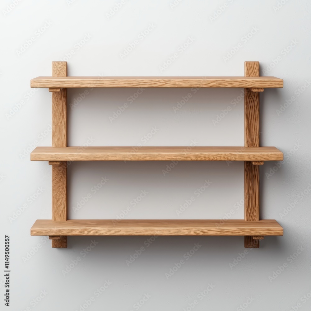 Wooden Three-Tier Shelf on White Wall for Home and Office Display Wooden Three-Tier Shelf on White Wall for Home and Office Display