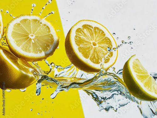 Fresh lemons splash water, perfect summer vibe.