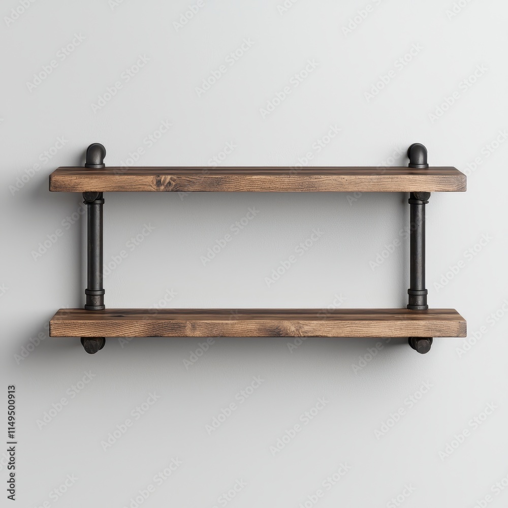 Rustic wooden shelf with industrial pipe brackets on wall Rustic wooden shelf with industrial pipe brackets on wall