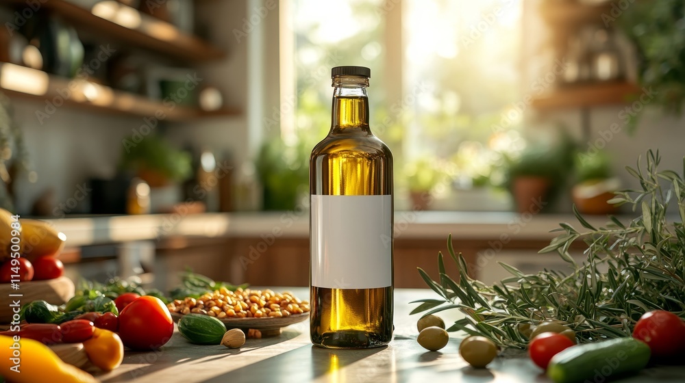 Golden hour in a Sunny Kitchen Healthy Edible Oil and Vegetables with background Bokeh Golden hour in a Sunny Kitchen Healthy Edible Oil and Vegetables with background Bokeh
