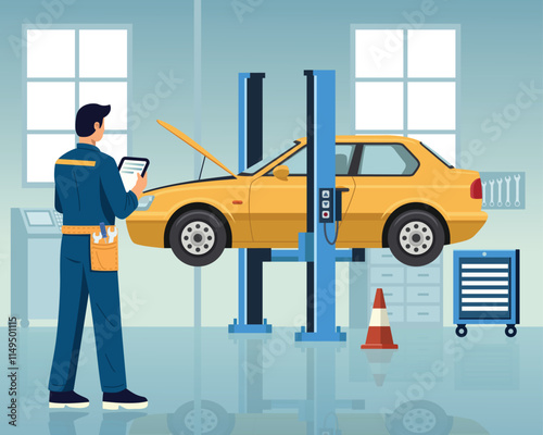 A flat design illustration of a mechanic using a tablet to diagnose a car on a hydraulic lift in a repair garage. photo