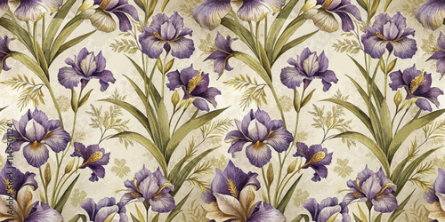A vibrant floral pattern featuring purple irises, beautifully arranged against a soft beige background.
