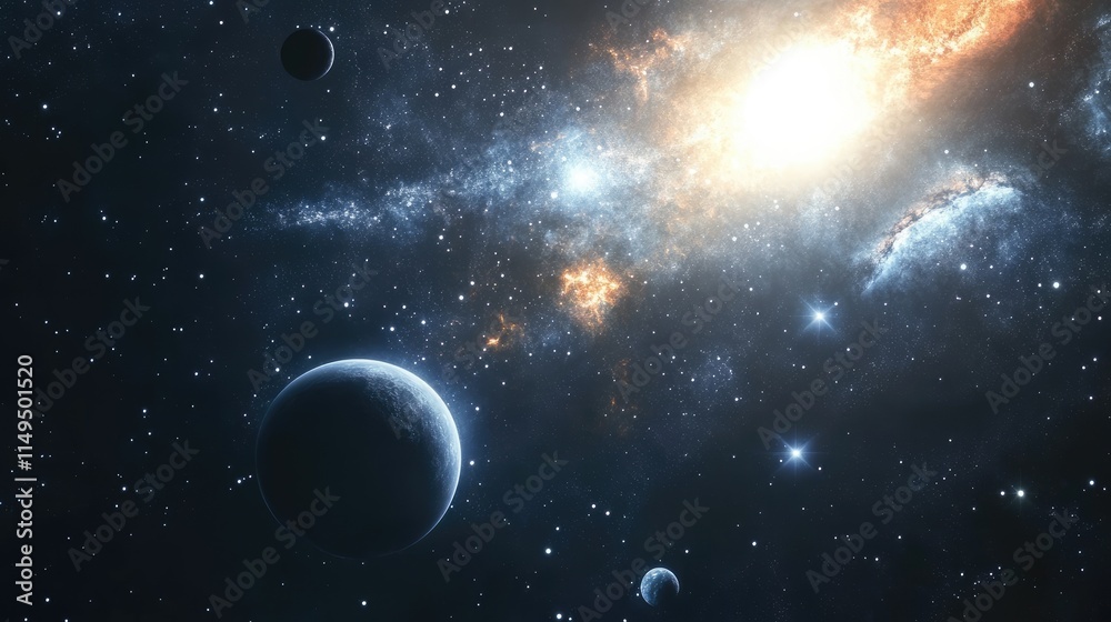 Universe scene with planets, stars and galaxies in outer space showing the beauty of space exploration Universe scene with planets, stars and galaxies in outer space showing the beauty of space exploration