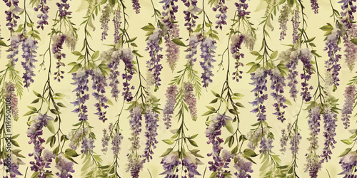 Elegant floral pattern featuring cascading wisteria in shades of purple and green on a soft cream background.