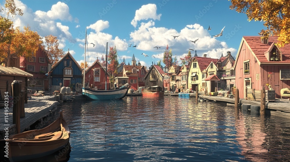 Fototapeta premium Picturesque waterfront village with colorful houses and boats