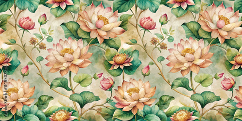 An exquisite floral design featuring soft pink and cream lotus flowers amidst lush green leaves.