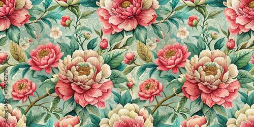 A vibrant floral pattern featuring lush pink peonies on a soft turquoise background.
