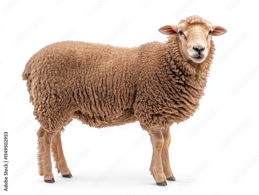 A standing sheep showcasing its woolly coat and features against a plain background. A standing sheep showcasing its woolly coat and features against a plain background.