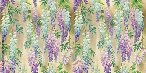 Beautifully illustrated floral pattern featuring cascading wisteria in soft pastel colors.