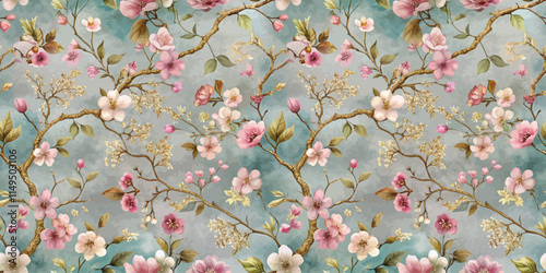 A vibrant floral pattern featuring lush pink blossoms and leafy branches against a soft blue background.