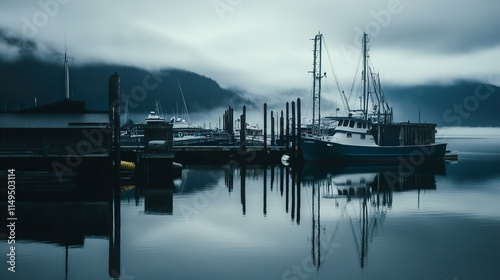 Misty Harbor: Serenity of Fishing Boats at Dawn photo