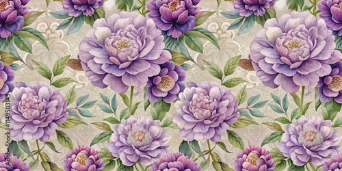 A vibrant floral pattern featuring lush purple peonies against a soft cream background.