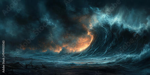A digital painting depicting a colossal wave consuming a fiery shoreline during a raging storm.