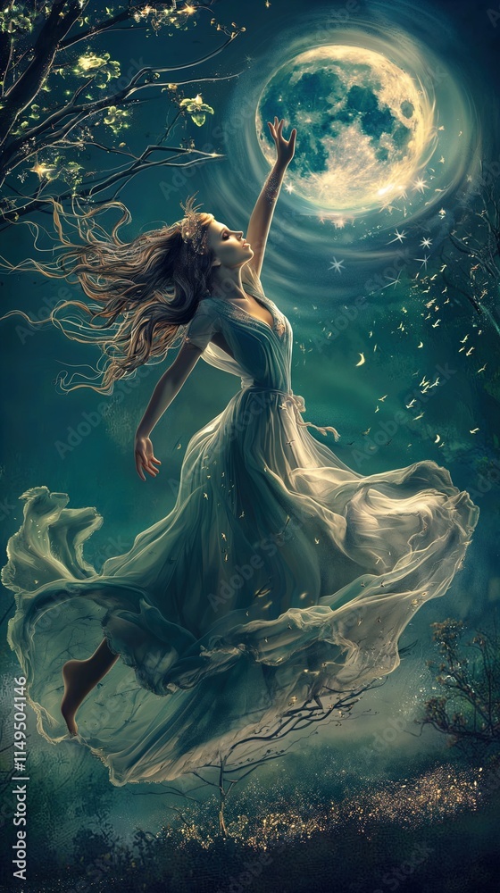 A mystical scene featuring a woman in a flowing white dress, gracefully reaching towards a large, luminous moon surrounded by swirling clouds. The ethereal atmosphere is enhanced by a backdrop of dark A mystical scene featuring a woman in a flowing white dress, gracefully reaching towards a large, luminous moon surrounded by swirling clouds. The ethereal atmosphere is enhanced by a backdrop of dark