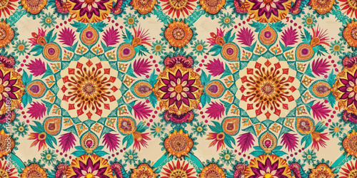 A vibrant and intricate floral mandala pattern in shades of pink, orange, and turquoise, creating a stunning visual effect.