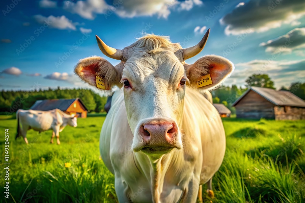 Peaceful White Cow Portrait on Farm, Rural Idyll, Dairy Cattle Peaceful White Cow Portrait on Farm, Rural Idyll, Dairy Cattle