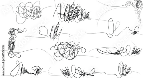 set random chaotic pen doodle strokes art, Coal line sketch, Seamless vector set of scribble patterns. Ink pen scrawls set. Random chaotic lines. Hand drawing insane tangled scribble clew.eps