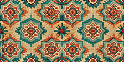 Vibrant geometric pattern featuring star motifs in teal, orange, and cream colors.