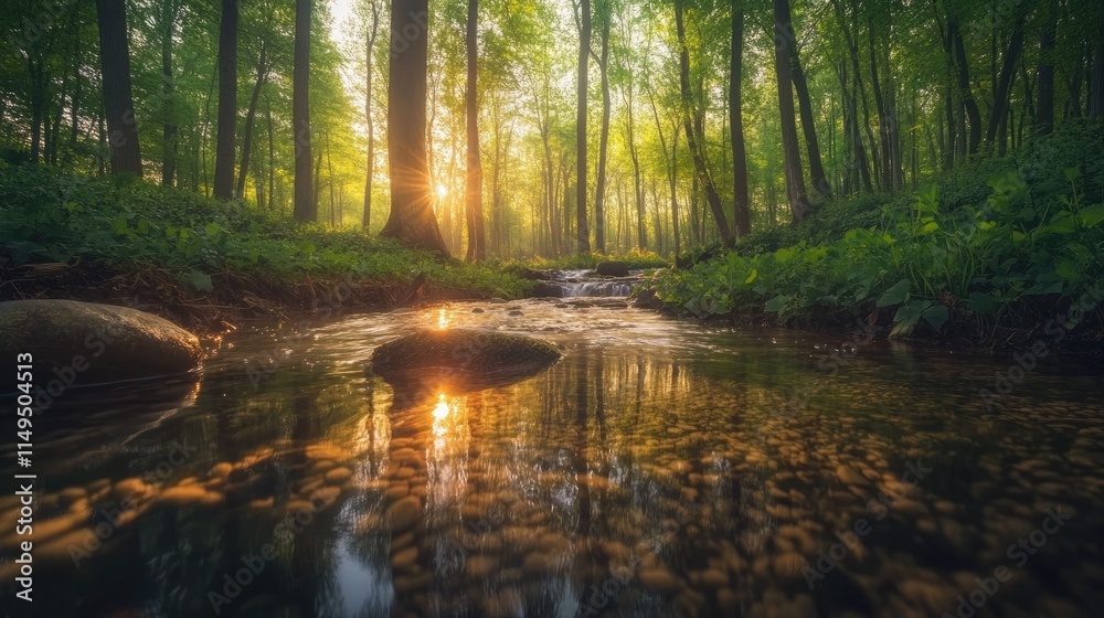 Fototapeta premium A mossy stream cascades over smooth stones, framed by lush greenery in a tranquil forest setting.