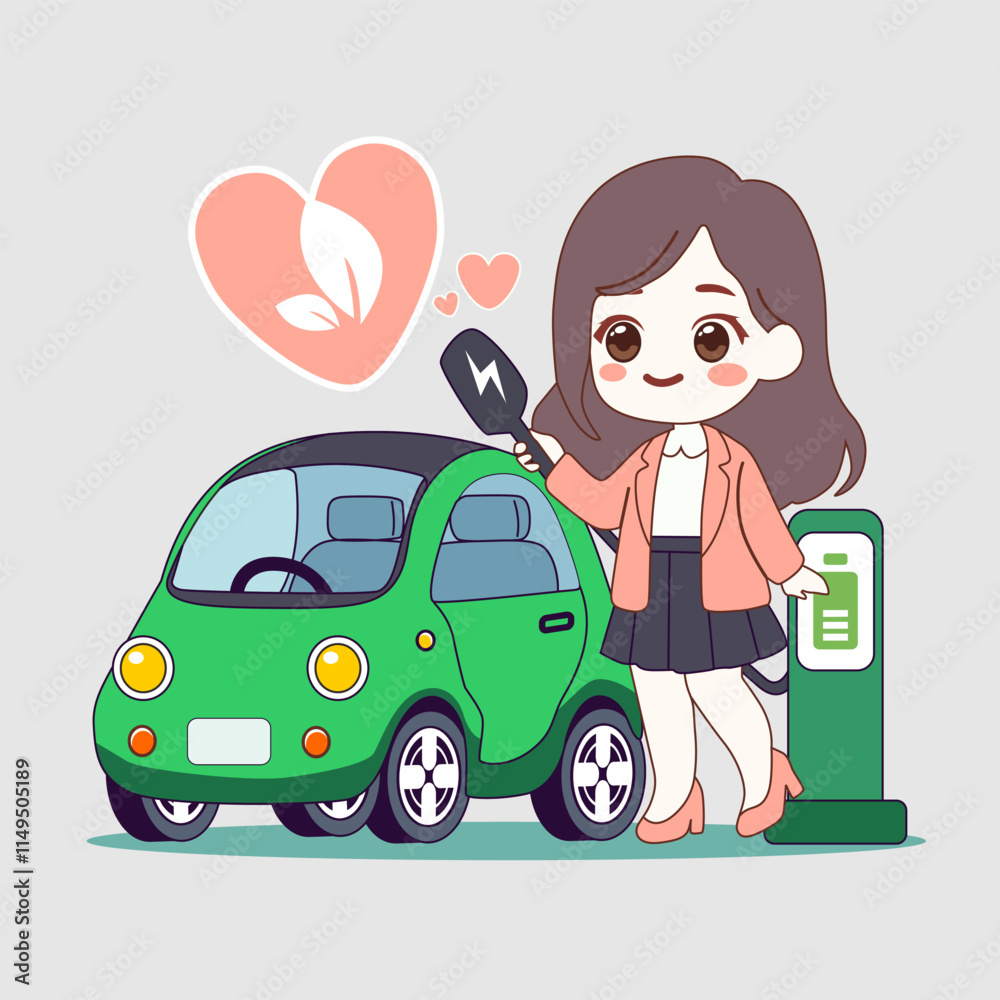 Electric car with charging station, green energy, eco energy Electric car with charging station, green energy, eco energy