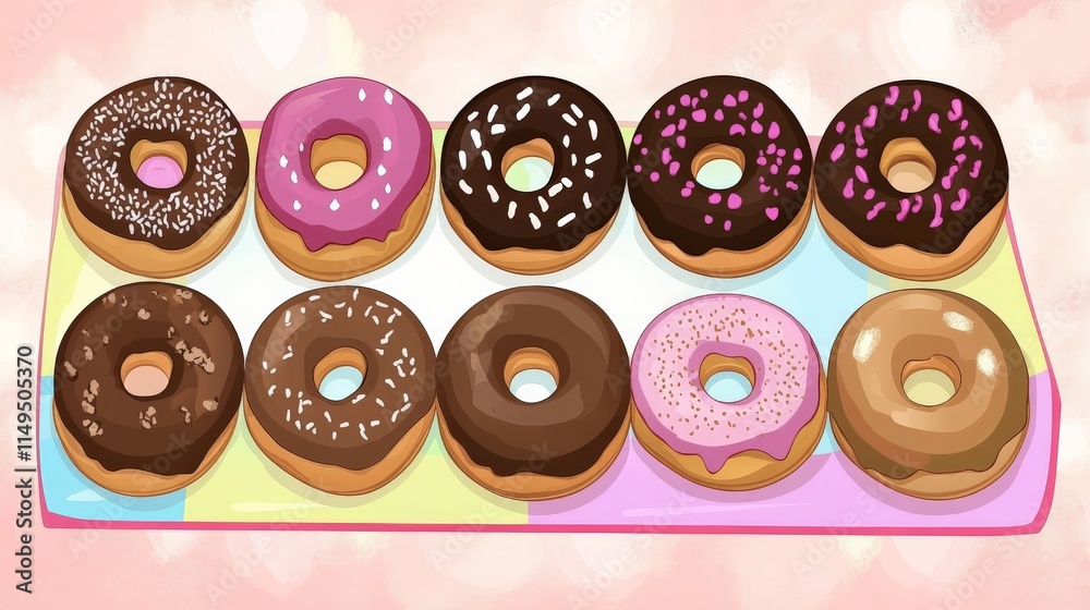 Fototapeta premium Colorful Donuts with Various Toppings Displayed