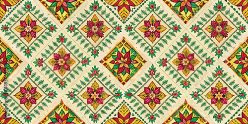 Vibrant floral pattern featuring diamonds of red and yellow flowers on a cream background, bringing warmth and elegance.