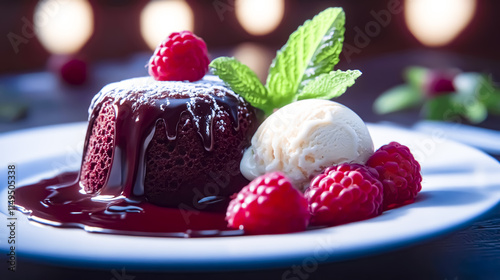 A beautifully plated molten chocolate petit gÃ¢teau, served with vanilla ice cream and fresh berries for garnish, on a modern white plate photo