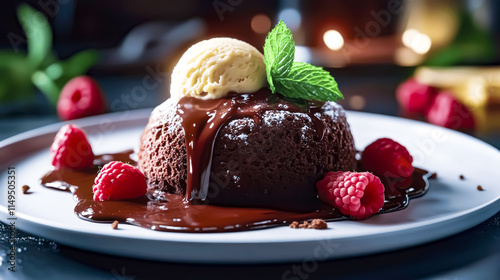Photo of, A decadent plate of chocolate fondant cake with a molten lava center, served with a scoop of vanilla ice cream and fresh berries