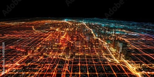 A stunning aerial view of a city at night, showcasing vibrant light trails and a grid-like layout, highlighting urban connectivity and energy.