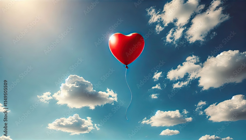 Heart-Shaped Red Balloon Floating in Clear Blue Sky Heart-Shaped Red Balloon Floating in Clear Blue Sky