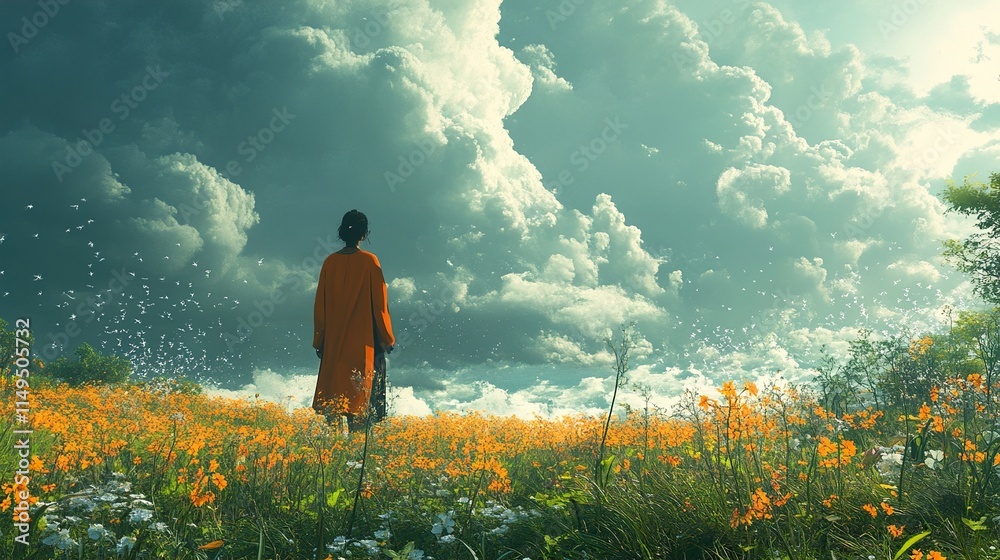 Fototapeta premium Woman in Orange Dress in a Serene Flower Field under a Dramatic Sky