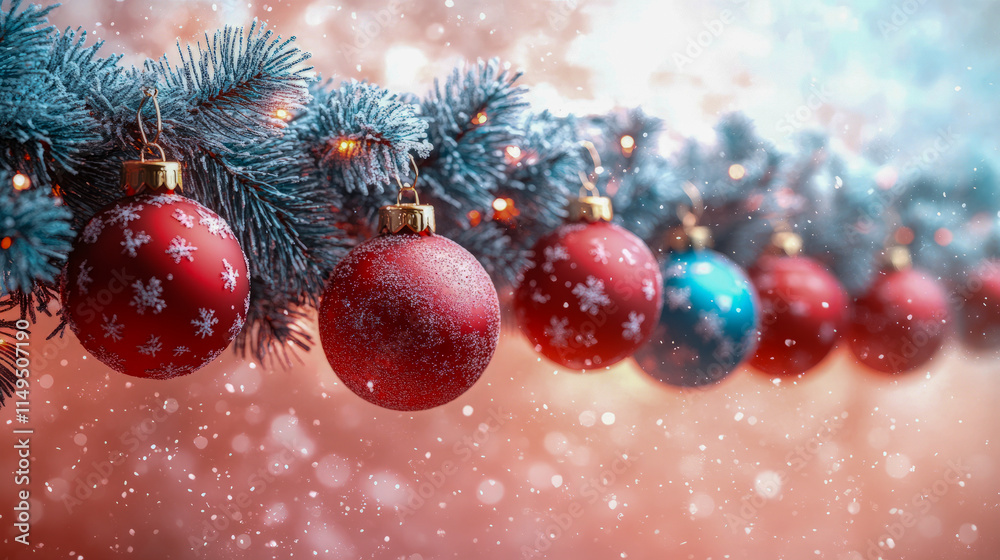 Festive red and blue ornaments on snowy pine branch with twinkling lights Festive red and blue ornaments on snowy pine branch with twinkling lights
