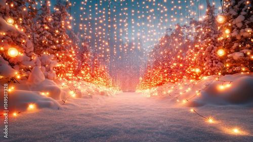 Magical winter wonderland with glowing fairy lights in snowy forest pathway