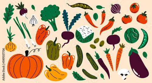 Set of various vegetables vector illustration in cartoon groovy funky style. Different autumn or summer harvest market healthy food like pumpkin, tomato, carrot, onion, peas, beetroot, chili pepper