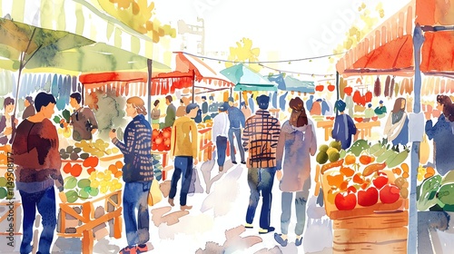 A watercolor painting of an outdoor market with people shopping and vendors selling produce. photo