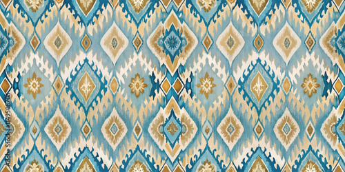 Colorful intricate diamond-patterned textile with blues and golds, showcasing bohemian style.