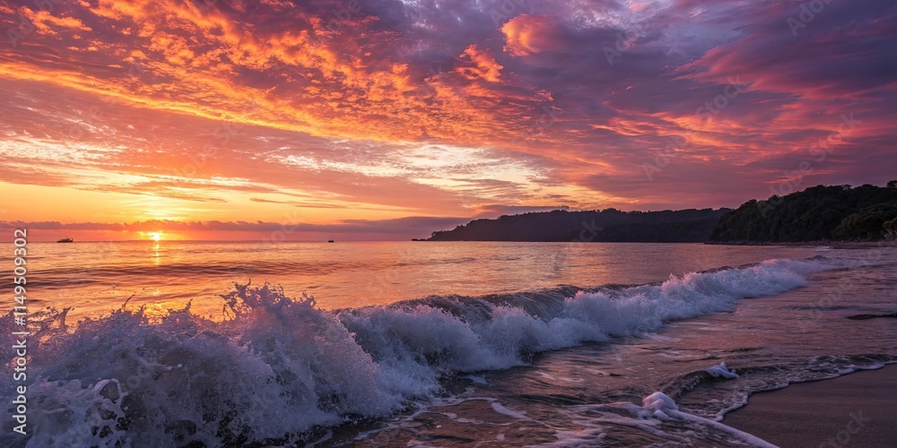 The ocean is calm and the sky is filled with a beautiful orange and pink sunset The ocean is calm and the sky is filled with a beautiful orange and pink sunset