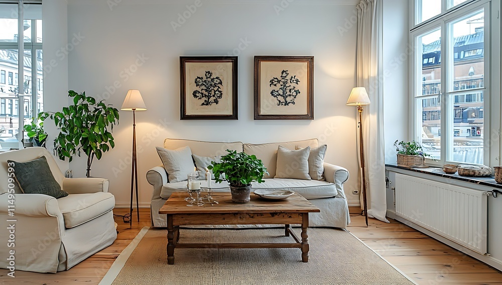 Bright living room with beige sofa, wooden coffee table, plants, and framed art. Bright living room with beige sofa, wooden coffee table, plants, and framed art.