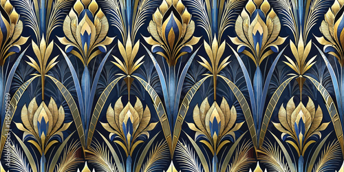 Elegant floral pattern featuring intricate gold and blue designs on a dark background.