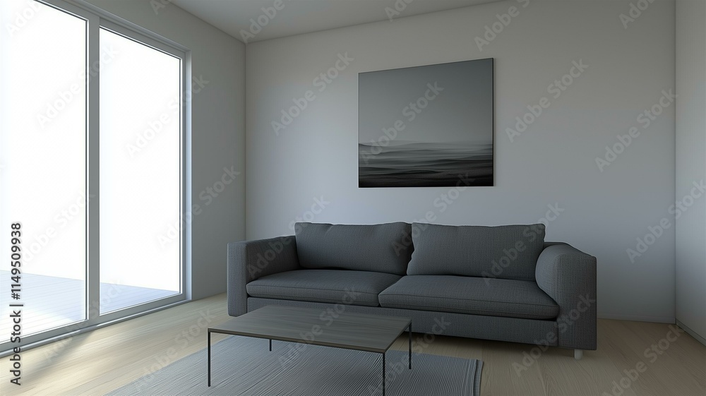 Fototapeta premium minimalist living room with a gray couch, coffee table, and a single wall artwork in a calm setting 