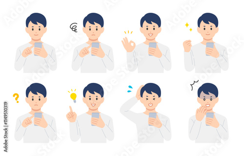 スマホを見ながらいろいろな表情･ポーズをする若い男性のセット【人物ベクターイラスト素材】