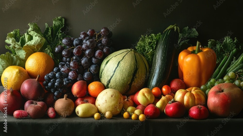 Various fruits and vegetables placed side by side in a group, showcasing a colorful assortment of produce Various fruits and vegetables placed side by side in a group, showcasing a colorful assortment of produce
