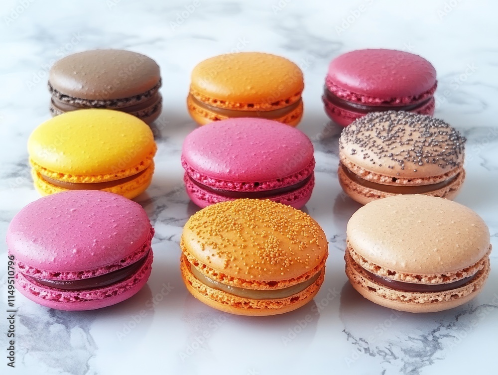 Colorful macarons arranged in a grid on a marble surface. Colorful macarons arranged in a grid on a marble surface.