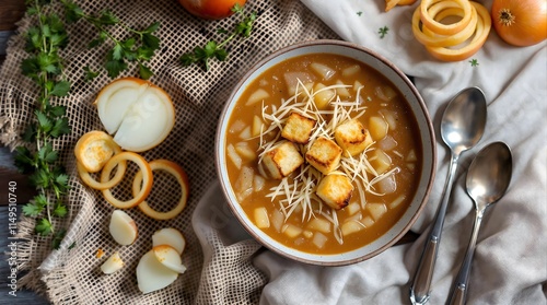 Walliser Zwiebelsuppe Onion Soup with White Wine and Croutons (Swiss Cuisine) photo