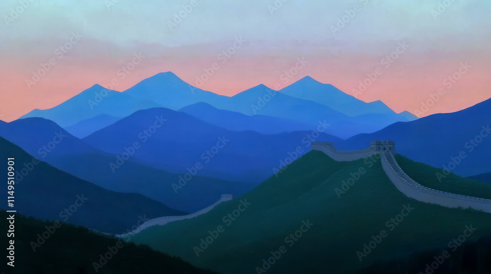 Sunset over great wall of china with mountain silhouette