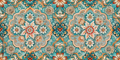 Elegant floral pattern featuring intricate designs in shades of teal, orange, and cream, ideal for fabric or wallpaper.