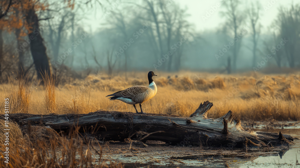 Solitary goose on fallen log amidst autumn wetlands scenery Solitary goose on fallen log amidst autumn wetlands scenery